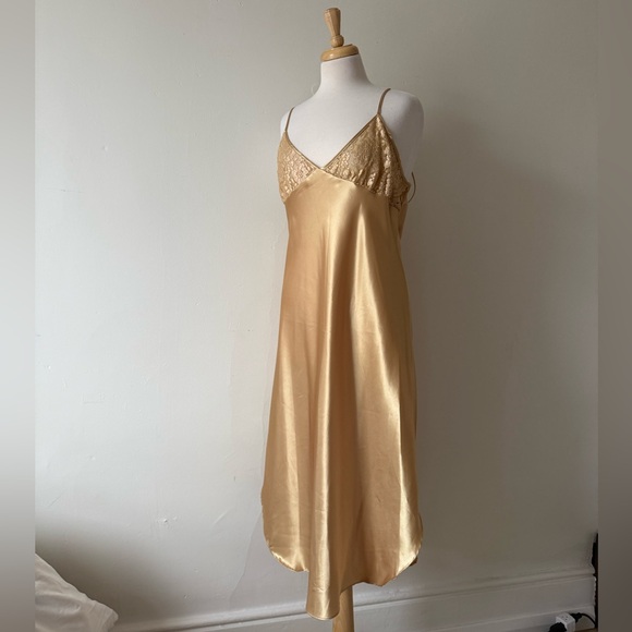 Victoria Steven’s Dresses & Skirts - Vintage Victoria Steven’s Gold Slip Dress • Satin Lace Nightgown • Size Large